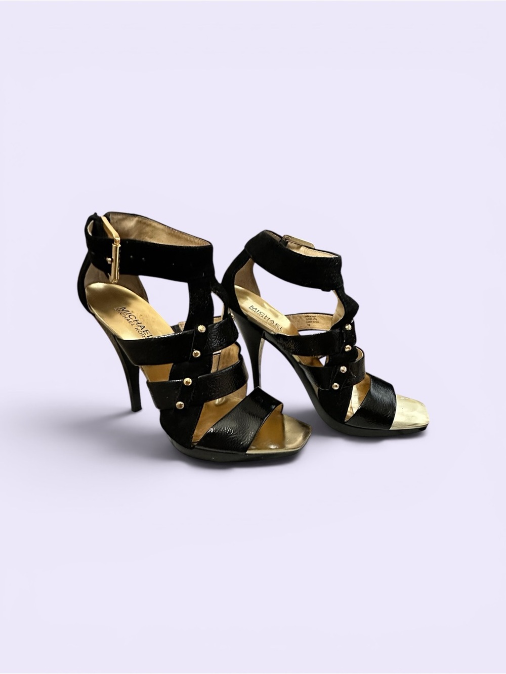 Michael Kors Black and Gold Strappy High Heel Sandals